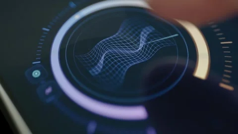 Blue wireframe surface shifts inside a circular analytics gauge Stock Footage 342487858