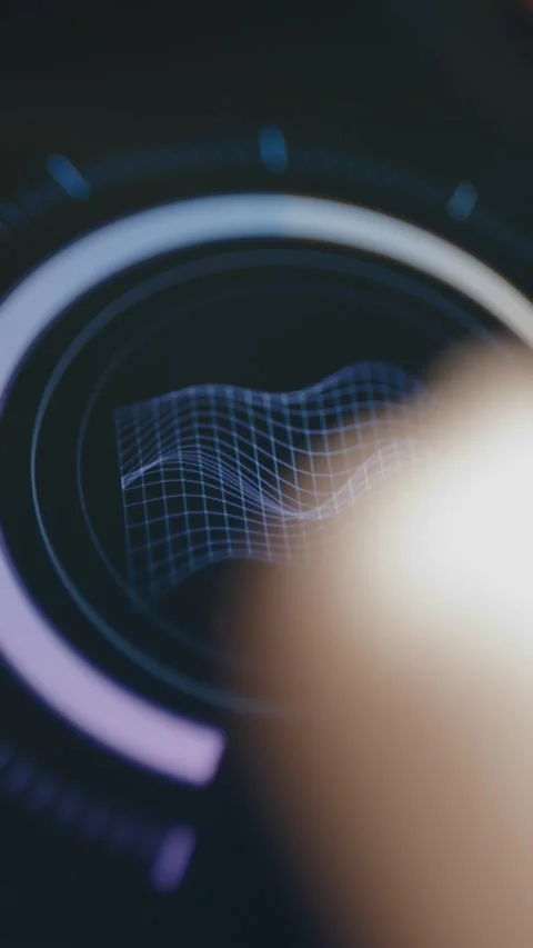 Blue wireframe surface undulates inside a circular performance gauge Stock Footage 342488465