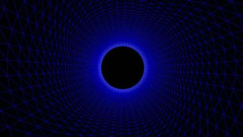Blue wireframe tunnel, Abstract wireframe funnel. Abstract dynamic wormhole.. Stock Illustration