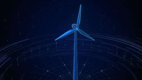 Blue Wireframe Wind Turbine on Digital Turntable for Energy Tech Stock-Footage 334126493