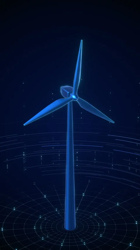 Blue Wireframe Wind Turbine on Vertical Digital Turntable for Energy Tech Stock Footage 334126489