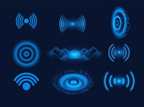 Blue wireless communication waves in vector set. Isolated background. Stock Illustration