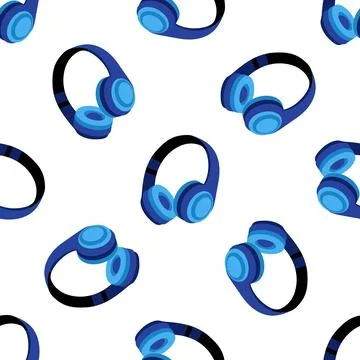 Blue Wireless Headphones Seamless Pattern on White Background Иллюстрация