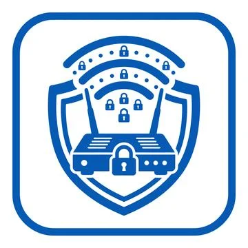 Blue wireless router protection icon featuring shield padlock and signal wave Stock Illustration