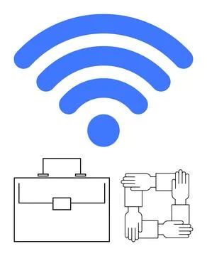 Blue wireless signal icon with a briefcase and joining hands visualizes teamw Stock Illustration