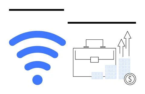 Blue wireless symbol next to briefcase, stacked coins, rising arrow data. Ide Stock Illustration