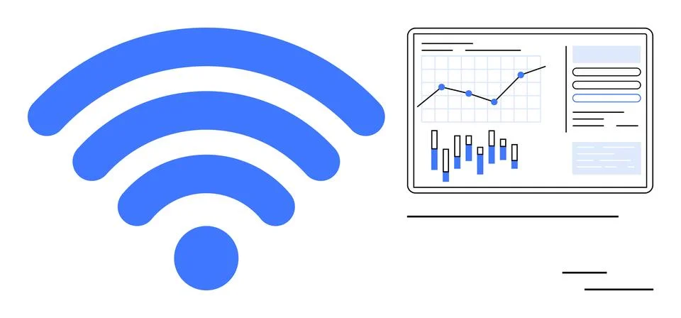 Blue wireless symbol next to a data analytics dashboard with charts and graph Stock Illustration