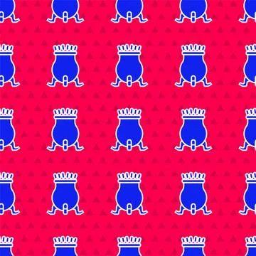 Blue Witch cauldron icon isolated seamless pattern on red background. Happy 스톡 일러스트