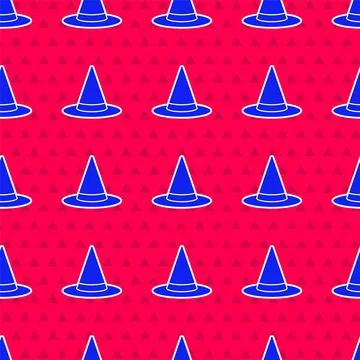 Blue Witch hat icon isolated seamless pattern on red background. Happy Halloween Illustrazione stock