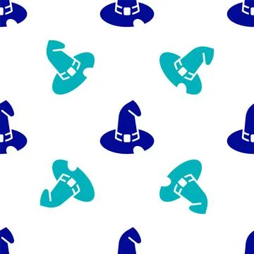 Blue Witch hat icon isolated seamless pattern on white background. Happy Hall Stock Illustration