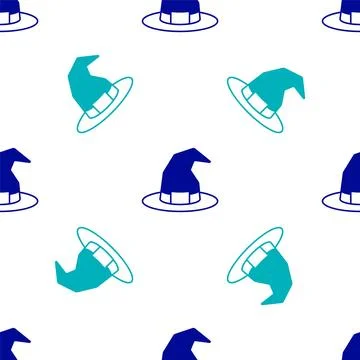 Blue Witch hat icon isolated seamless pattern on white background. Happy Ha.. Stock Illustration