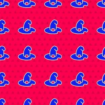 Blue Witch hat icon isolated seamless pattern on red background. Happy Hallow Illustrazione stock