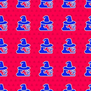 Blue Witch icon isolated seamless pattern on red background. Happy Halloween イラスト素材
