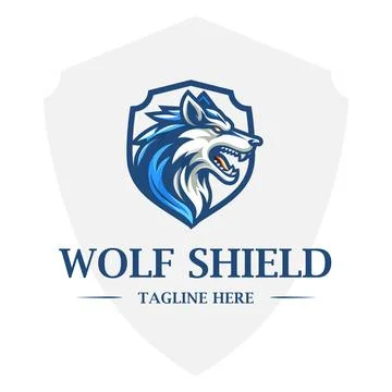 Blue Wolf head logo template with shield shape vector illustration Stock Illustration