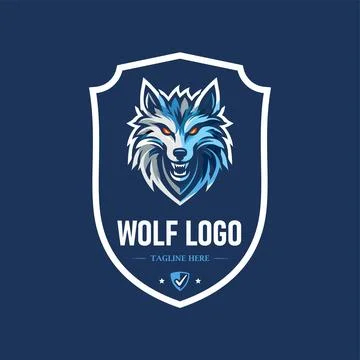 Blue wolf shield logo. Wild animal badge icon Stock Illustration