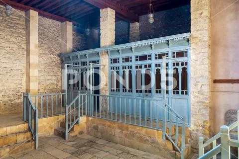 Blue wooden door shutters and balustrades at historical traditional Turkish Stock Photos