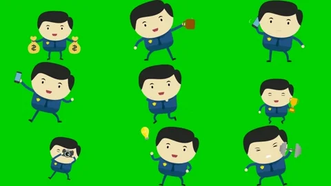 Blue worker on green screen featuring man flashlight box point money umbrella Stock Footage 334704279