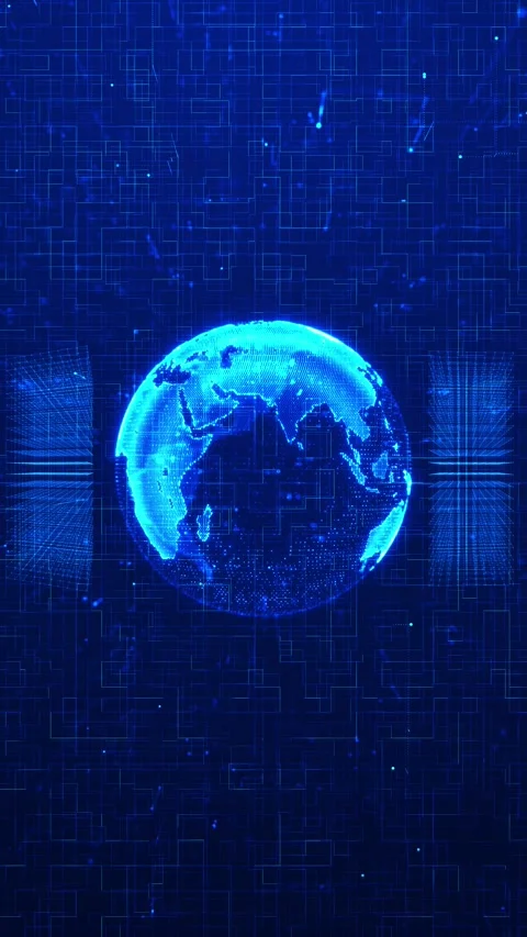 Blue world data center visual glowing globe, symmetric wire panels, and digital Stock Footage 340526492