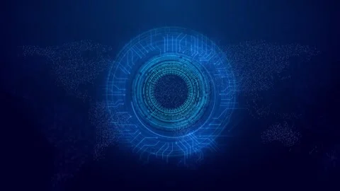 Blue world data scanner background circular HUD target, dotted continent map, gl Stock Footage 340548331