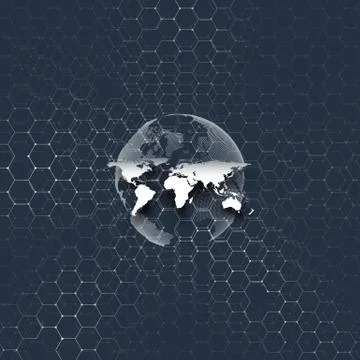 Blue world globe, connecting lines and dots on colorful background. Chemistry Stock Illustration
