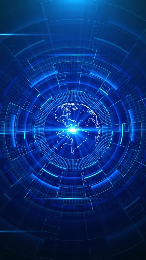 Blue world interface rings with glowing globe, digital circular HUD elements Stock Footage 334128837