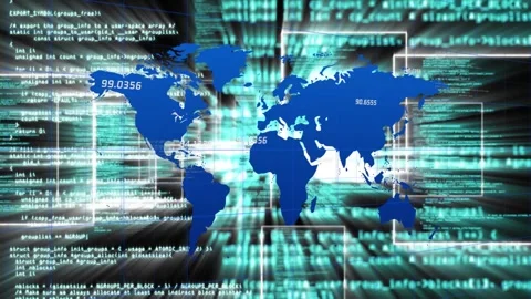 Blue world map appearing, floating while code rails sliding and numbers Stock Footage 334034118