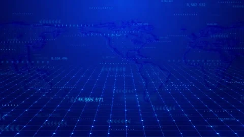 Blue world map appears perspective grid floating numbers, arrows, analytical glo Stock Footage 340553747