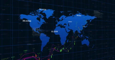 Blue world map being animated on flat grid background, showing candlestick and Stock Footage 307453985