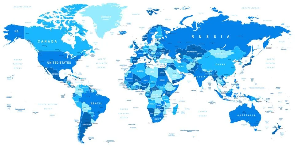 Blue World Map - borders, countries and cities -illustration Stock Illustration