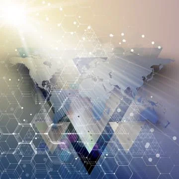 Blue world map, connecting lines and dots on colorful background. Chemistry Stock Illustration