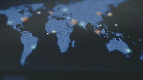 Blue world map displays glowing regional hubs and international connection Stock Footage 342487902