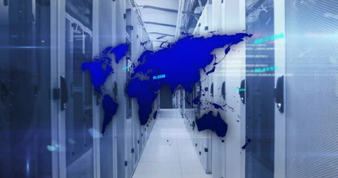 Blue world map fading in, data labels appearing and code streams pulsing Stock Footage 310642632