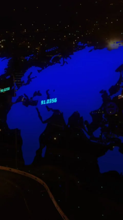 A blue world map with floating white numbers over a grid on black background Stock Footage 344594828