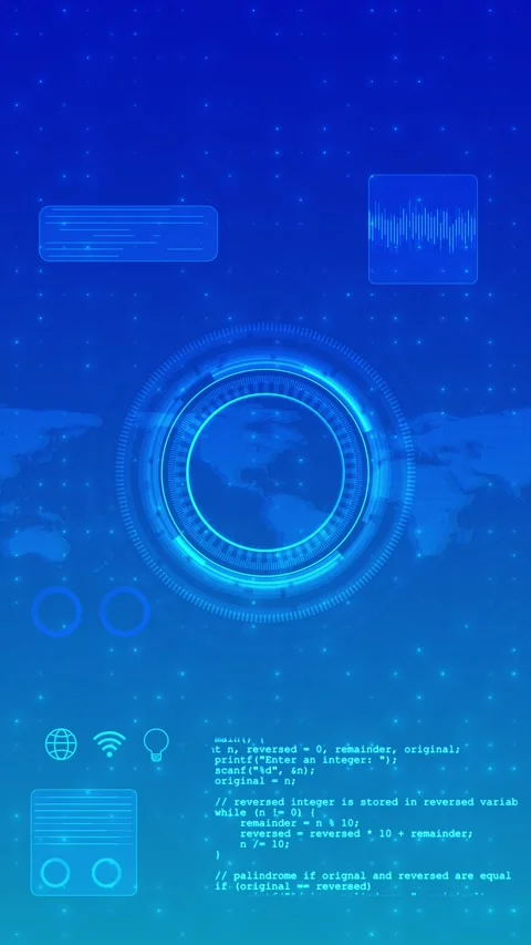 Blue world map HUD circular interface, data panels, code text, and glowing globa Stock Footage 340572530