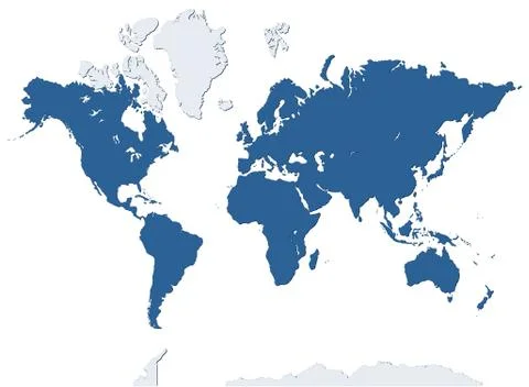 Blue world map isolated on white background. Stock Illustration