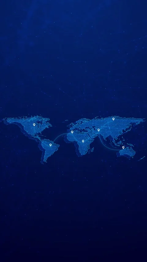 Blue world map location glowing dotted continents, pin markers, curved travel ro Stock Footage 340479836
