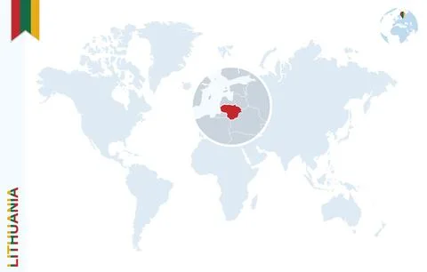 Blue world map with magnifying on Lithuania. イラスト素材