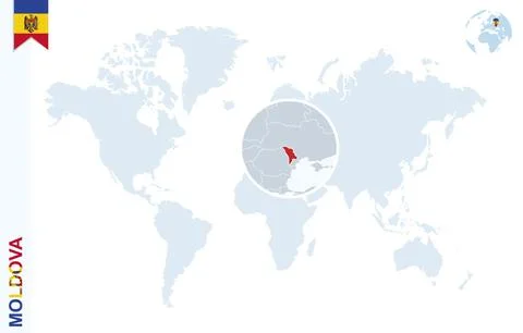 Blue world map with magnifying on Moldova. Stock-Illustration