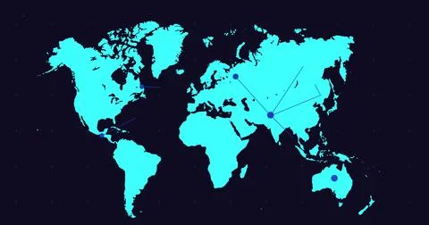 Blue world map with moving dark blue network of connected points on black Stock Illustration