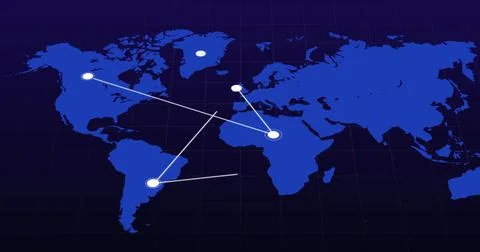 Blue world map with moving white network of connected points on black background Stock Illustration