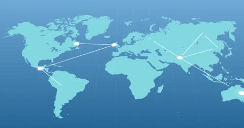 Blue world map with moving white network of connected points on blue background Stock Illustration