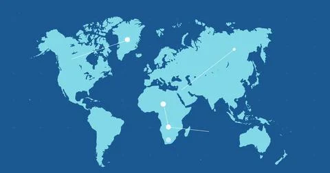 Blue world map with moving white network of connected points on blue background Stockillustratie