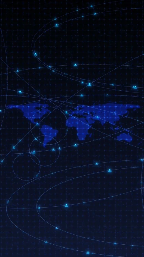 Blue world map network dotted continents, glowing grid, route lines, and global Stock Footage 340567642