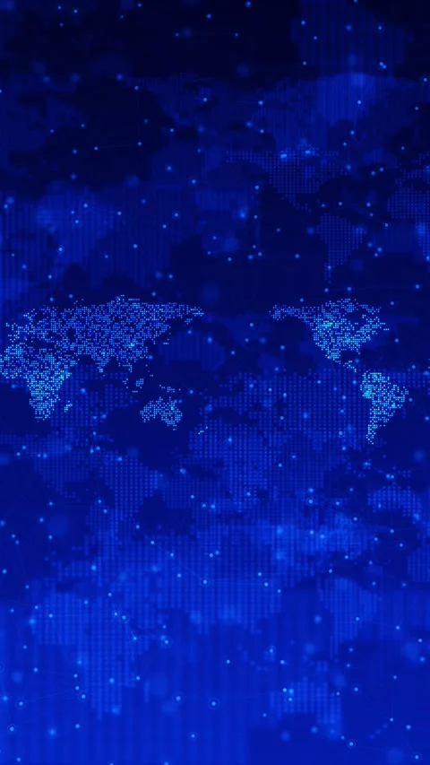 Blue world map network glowing dotted continents, connected nodes, data links, g Stock Footage 340575911