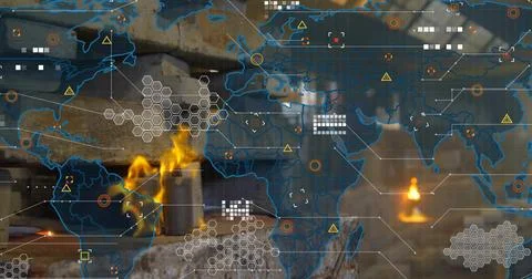 Blue world map overlay hovering above forge hearth in workshop, with hex grids Fotos Stock