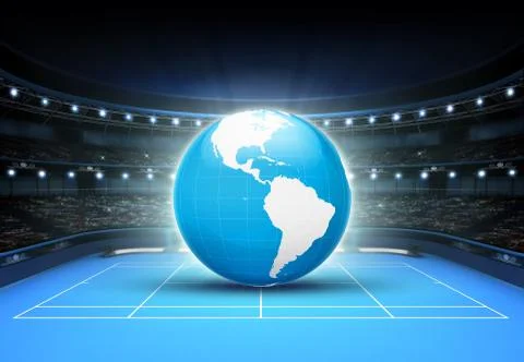 Blue world map placed on a blue court set on America Ilustración de archivo