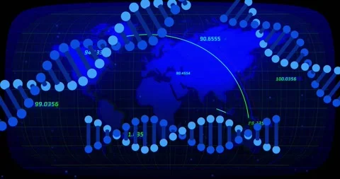 Blue world map receiving data, animating numeric labels, arcs, helix nodes Stock Footage 333900806