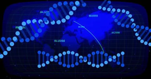 Blue world map receiving data, animating numeric labels, arcs, helix nodes 스톡 일러스트