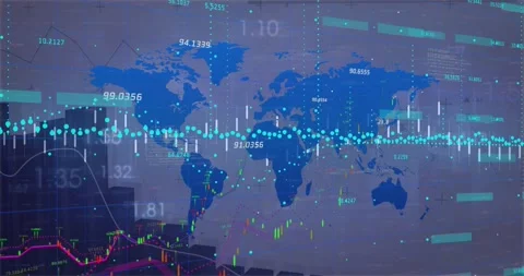 Blue world map receiving incoming data feed, animating candles and lines Stock Footage 329533238