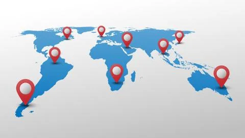 Blue world map with red pin pointer, vector illustration Stock Illustration